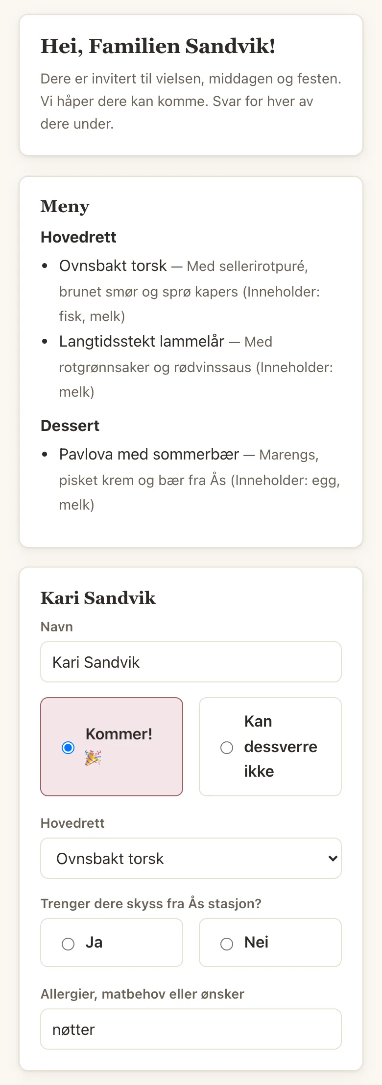 Svarsiden: hver person svarer, velger meny og skriver allergier